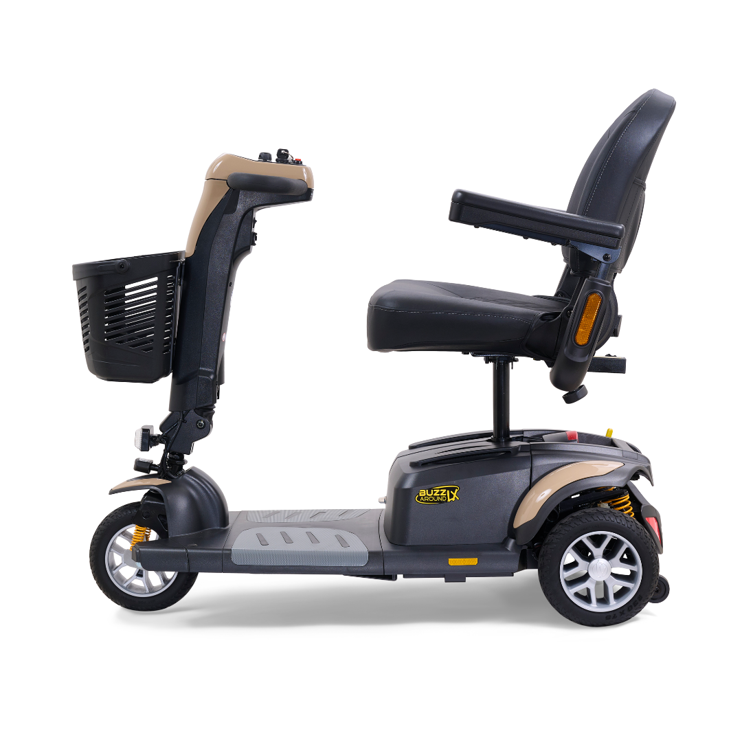 Side view of the Golden Buzzaround LX GB119, a black and brown luxury three-wheel mobility scooter. It includes a front basket, padded seat with armrests, and showcases the Golden Technologies branding on the base.