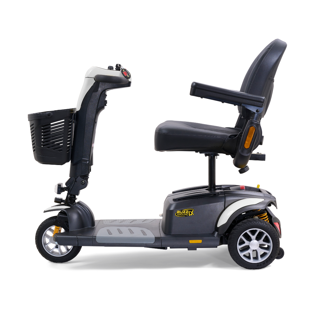 Side view of the elegant Golden Buzzaround LX GB119 - Heavy Duty 3 Wheel Portable Mobility Scooter in black and gray. It includes a seat, backrest, armrests, and a front basket for comfortable personal transportation.
