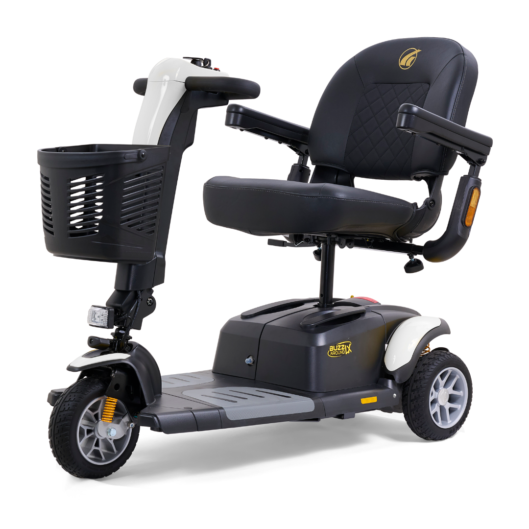 The Golden Buzzaround LX GB119 is a heavy-duty, portable 3-wheel mobility scooter that combines style and comfort. It features a sleek black seat with armrests and includes a convenient front basket. The sturdy base and handlebars make it an ideal choice for personal transportation.