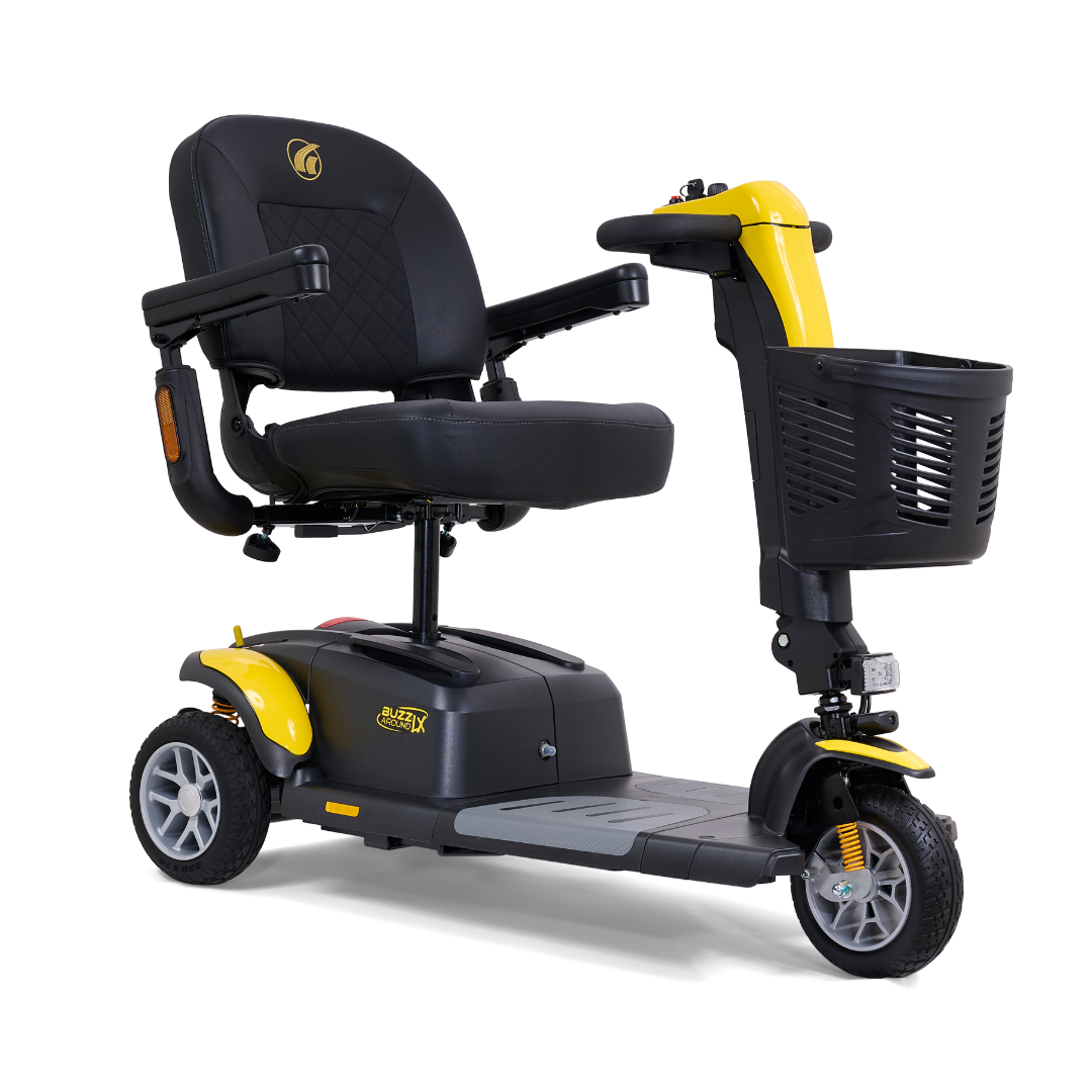 The Golden Buzzaround LX GB119 is a heavy-duty, three-wheel portable mobility scooter in black and yellow. It features a comfortable padded seat with armrests, a front basket, and handlebar steering for easy navigation and accessibility.