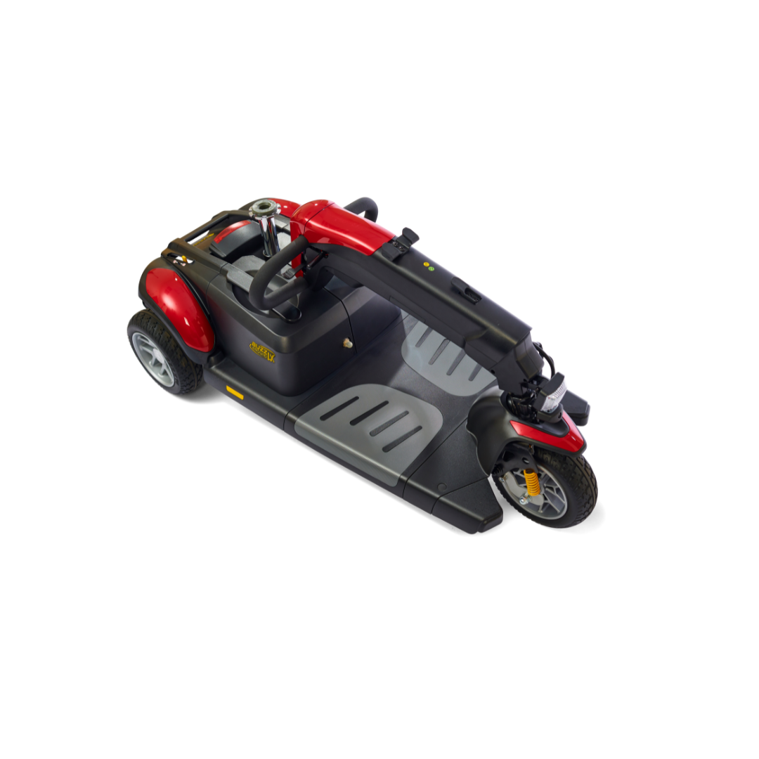 The Golden Buzzaround LX GB119 is a 3-wheel heavy-duty portable mobility scooter from Golden Technologies. This model, shown against a white background, combines luxury with portability in its compact, foldable design. It features red and black colors, a handlebar, and a seat that ensures on-the-go convenience and accessibility.