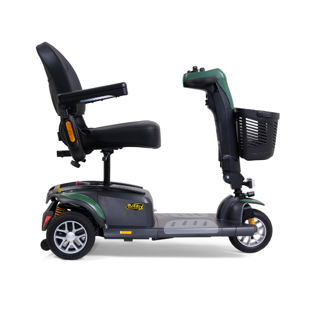 The Golden Buzzaround LX GB119 is a stylish black and green heavy-duty 3-wheel portable mobility scooter, equipped with a comfortable seat, armrests, and a front basket. Designed for effortless navigation and comfort, it offers an ideal blend of style and functionality for those in need of a portable mobility solution.