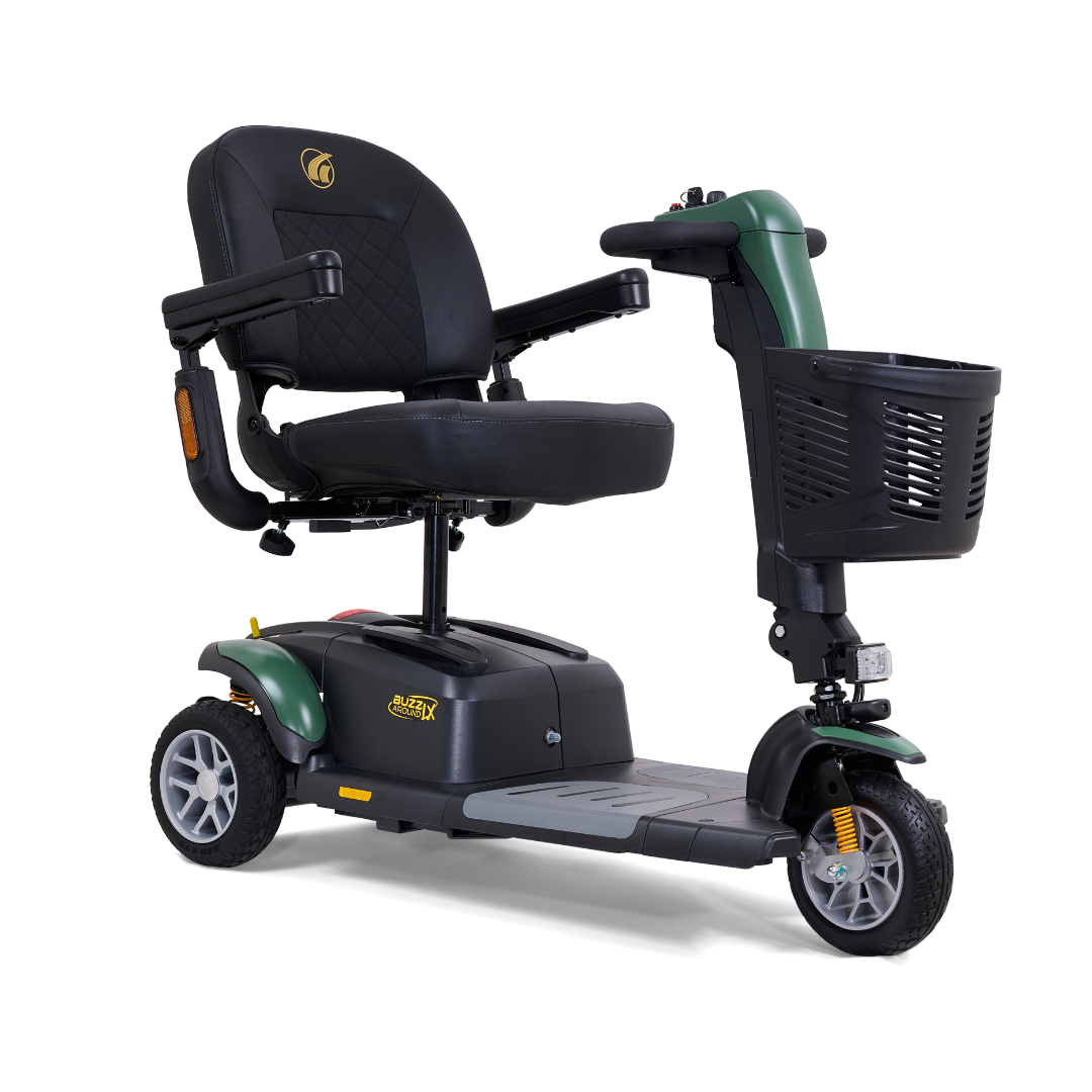 The Golden Buzzaround LX GB119 is a high-end, heavy-duty three-wheel portable mobility scooter available in striking black and green. It features a comfortable, padded seat with armrests, handlebar controls, and a front basket for convenient storage. Its robust design is complemented by small headlights, which enhance its premium look while ensuring it remains easy to transport.