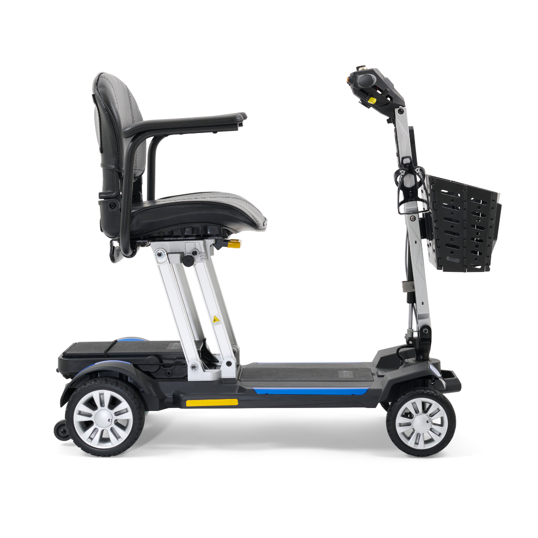 Introducing the Golden Technologies Portable Buzzaround GB120 Carry-On Travel Scooter, a compact and ultra-portable mobility solution. It features a sleek design with four wheels, a black seat, armrests, and a front basket. Equipped with a lithium-ion battery, it ensures easy transportation and is perfect for daily use.