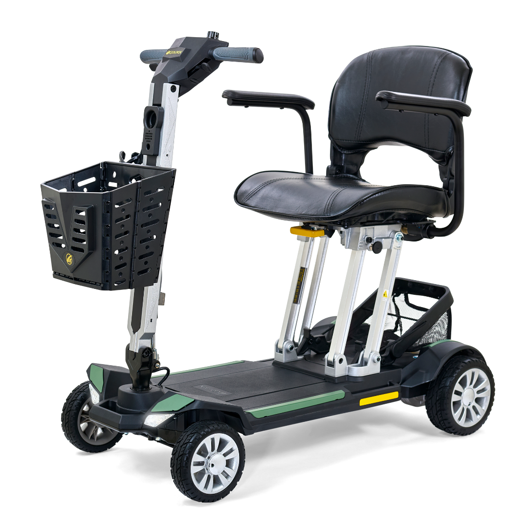 Introducing the Golden Technologies Portable Buzzaround GB120 Carry-On Travel Scooter, a four-wheeled electric mobility scooter complete with a black leather seat and armrests. It features a convenient front basket and foldable handlebars. This ultra-portable design includes a sturdy base and foot platform, making it perfect for personal transportation, and is powered by a high-performance lithium-ion battery.