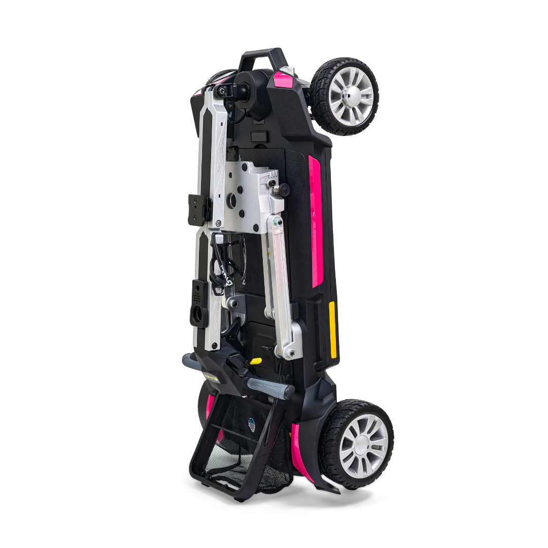 Introducing the ultra-portable Golden Technologies Buzzaround GB120 Carry-On Travel Scooter, featuring a sleek pink and black design with large wheels, a sturdy metal frame, and a comfortable black mesh seat. It's perfect for easy storage and convenient mobility.