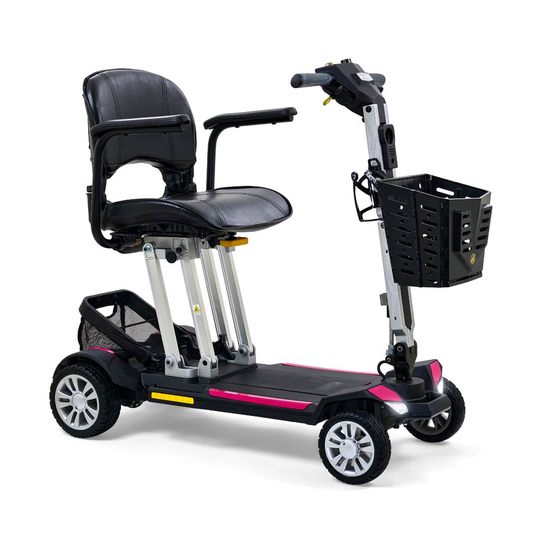 The Golden Technologies Portable Buzzaround GB120 Carry-On Travel Scooter boasts a black cushioned seat, armrests, and handlebars. With four wheels and a convenient front basket, this ultra-portable scooter also features stylish red accent panels. Its compact design includes a reliable lithium-ion battery, making it perfect for modern personal transportation.