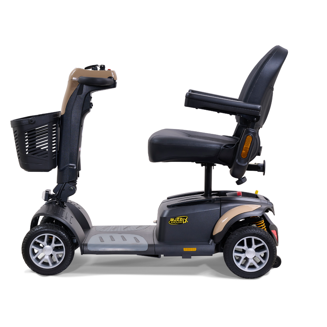 The Golden Buzzaround LX GB149 is a stylish four-wheeled portable mobility scooter, designed for comfort with a black seat featuring both a backrest and armrests. This heavy-duty travel scooter includes an adjustable tiller for convenience and a front storage basket, complemented by silver wheels for added flair.