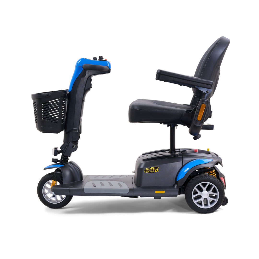 Introducing the Golden Buzzaround LX GB119, a heavy-duty portable mobility scooter in blue and black with three wheels. It boasts a comfortable padded seat, front basket, and rearview mirrors for enhanced convenience. Designed for easy accessibility and portability, it provides exceptional mobility assistance.