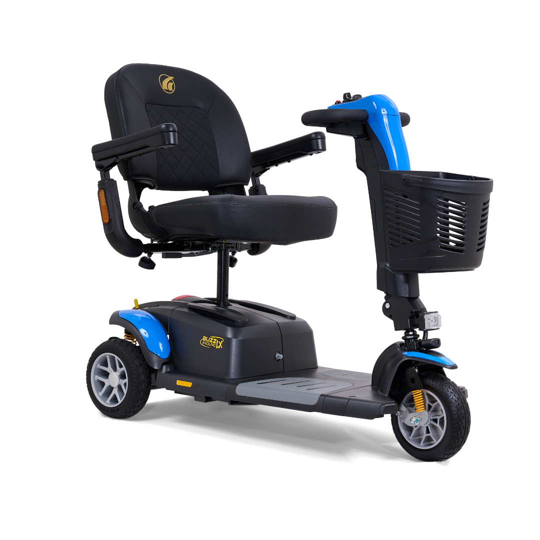 The Golden Buzzaround LX GB119 - Heavy Duty 3 Wheel Portable Mobility Scooter boasts a luxurious design in blue and black, equipped with a padded seat featuring armrests, handlebar controls, and a front basket. Its compact build ensures easy transport and storage, providing both comfort and convenience.