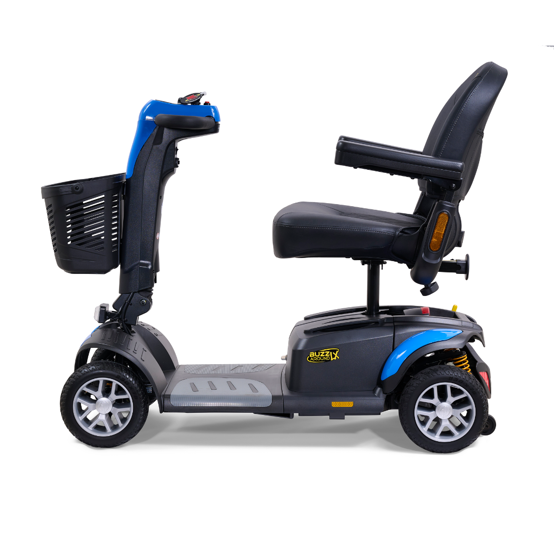 The Golden Buzzaround LX GB149 is a heavy-duty 4-wheel portable mobility scooter that features a comfortable seat with armrests, an adjustable tiller, and a front basket. Its compact blue and black design is perfect for both indoor and outdoor use, making it an ideal travel companion.