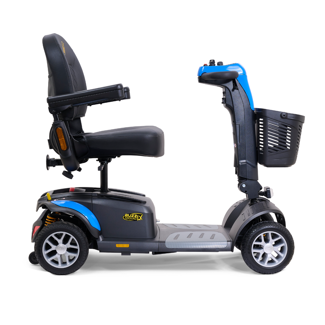 The Golden Buzzaround LX GB149 is a heavy-duty, blue and black mobility scooter that includes a cushioned seat, armrests, and a front basket. It features an adjustable tiller and portable design with four wheels and a control panel on the handlebar for convenient transport and comfortable mobility assistance.