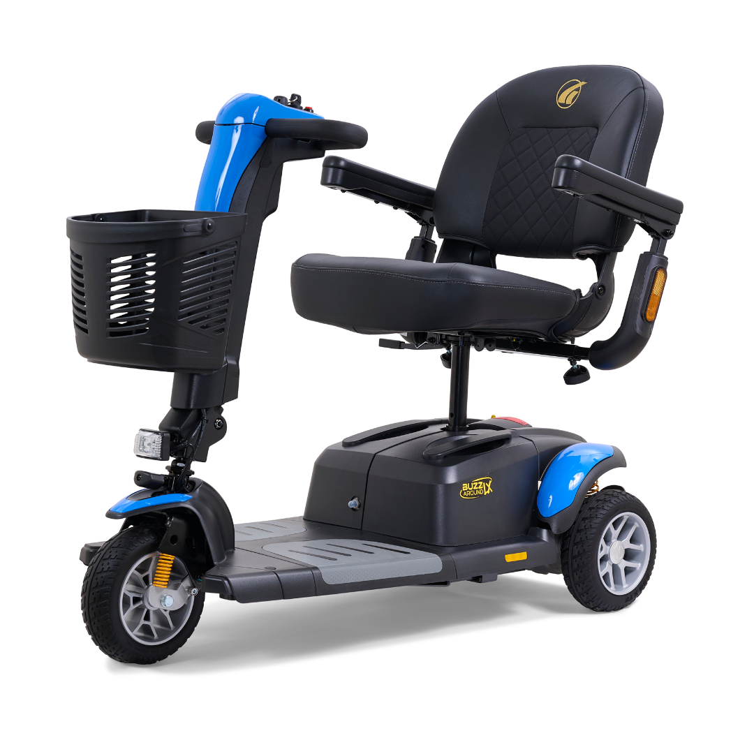 The Golden Buzzaround LX GB119 is a luxury mobility scooter with a sleek blue and black design. It features a comfortable cushioned seat with armrests, a front basket for storage, three wheels ensuring stability, and handlebars for easy steering.