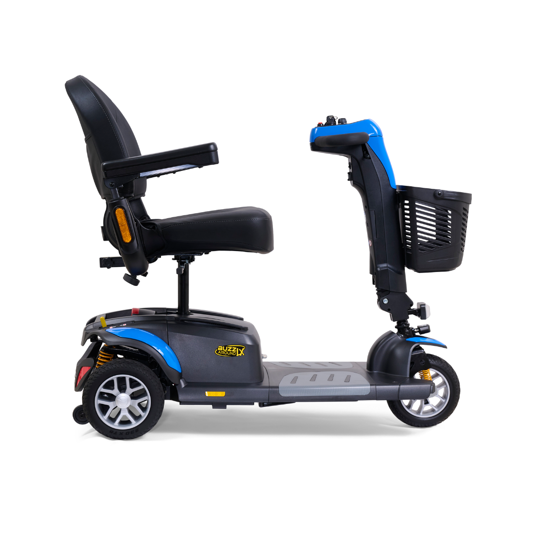 The Golden Buzzaround LX GB119 - Heavy Duty 3 Wheel Portable Mobility Scooter features a stylish blue and black design, complete with a comfortable seat, armrests, and a front basket, delivering an elegant solution for portable transportation.