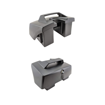 Two views of the Golden Battery Pack with Battery Case for Buzzaround Scooters—a black handle with a rectangular base and grooved underside—are shown from the top and angled side, isolated on a white background.