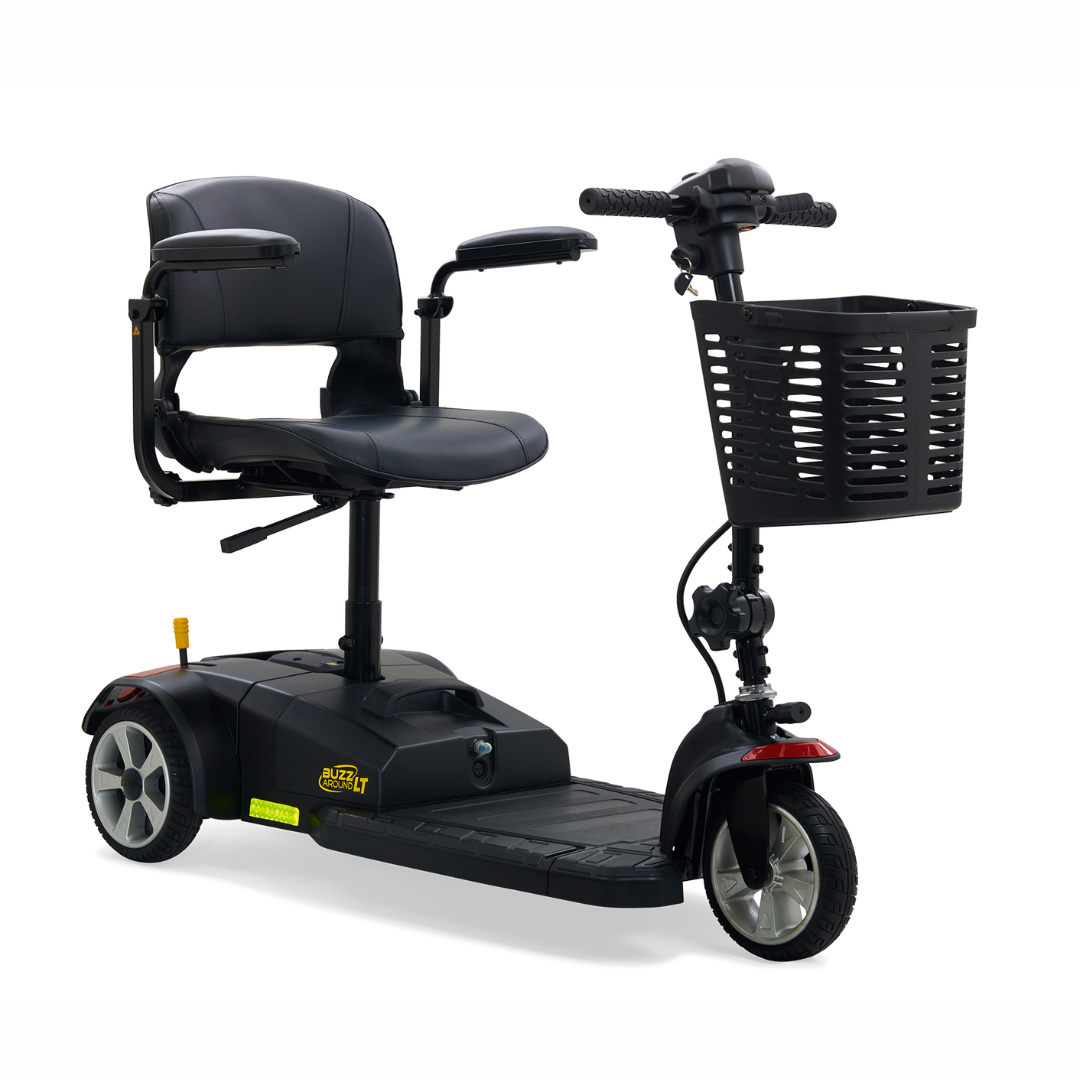 The Golden GB107 Buzzaround LT is a 3-wheel black mobility scooter with a cushioned seat, armrests, steering controls, and a front basket. Lightweight and sleek, its ideal for indoor and outdoor use.