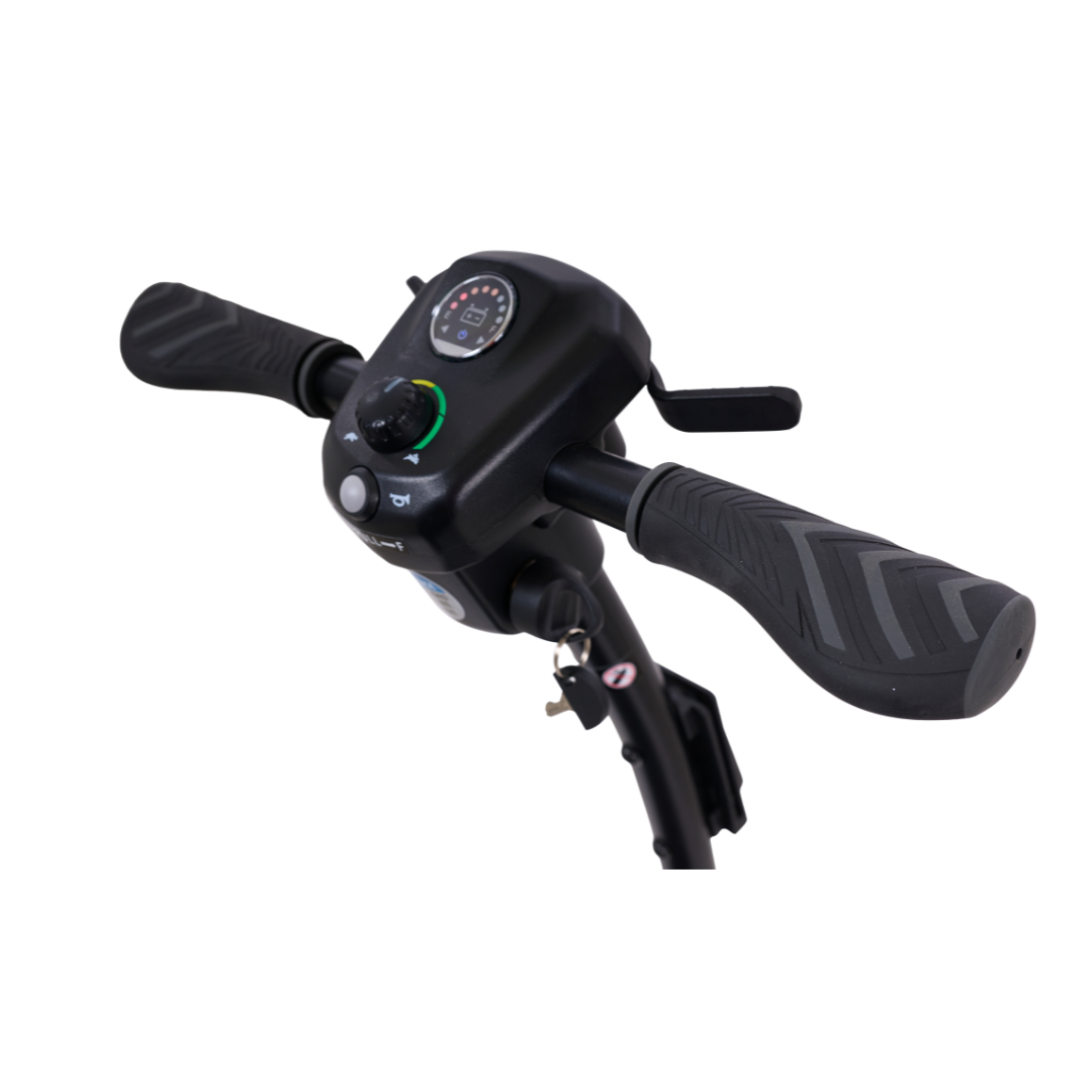 Close-up of Golden Tech GB108 Buzzaround LT 4-Wheel Mobility Scooter handlebars with textured grips, control panel, ignition key slot, and display screen, isolated on white; supports up to 300 lb. capacity.