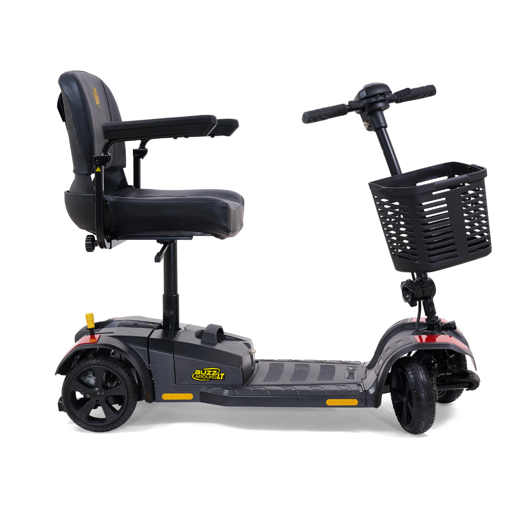 The Golden Tech GB108 Buzzaround LT 4-Wheel Mobility Scooter, shown from the side on a white background, features a lightweight stadium-style seat with padded armrests and a front basket. Supports up to 300 lbs.