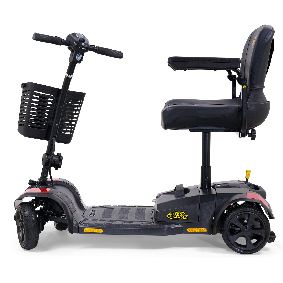 The Golden Tech GB108 Buzzaround LT 4-Wheel Mobility Scooter, in black, features a lightweight stadium-style padded seat with armrests and a front basket, shown from the side on a white background.