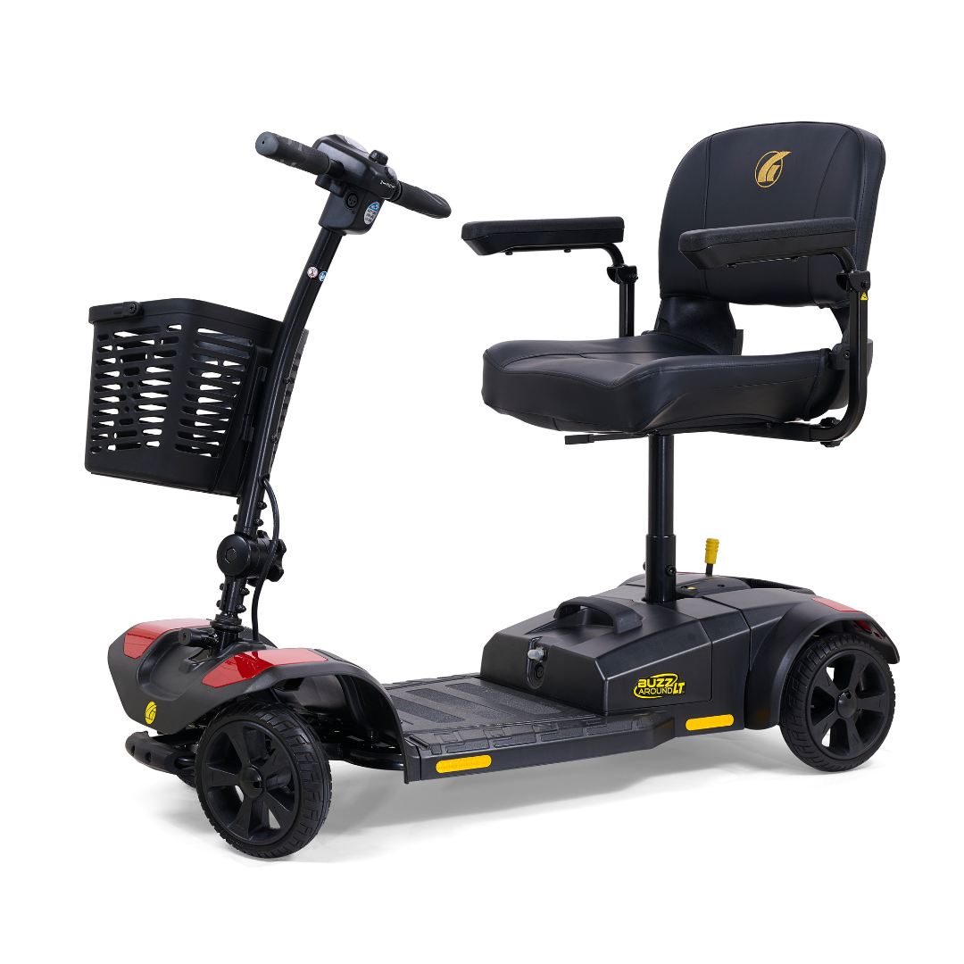 The Golden Tech GB108 Buzzaround LT is a black 4-wheel mobility scooter with a 300 lb weight capacity, front basket, padded stadium-style seat with armrests, yellow accents, and a compact design ideal for personal transportation.