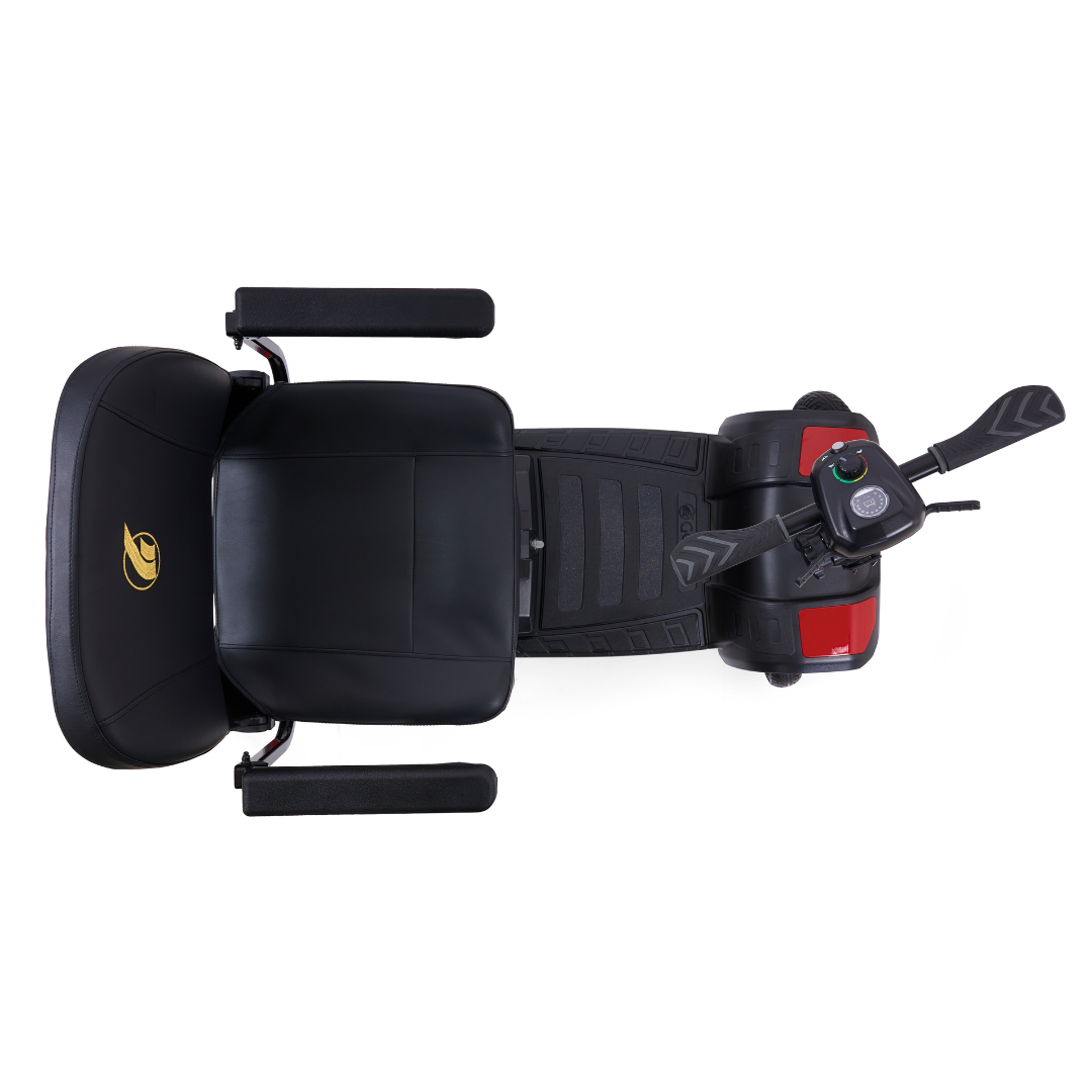 Top view of the Golden Tech GB108 Buzzaround LT 4-Wheel Mobility Scooter in black, featuring a lightweight stadium-style seat with armrests, padded seating, and a control panel with handlebars on the red front section.