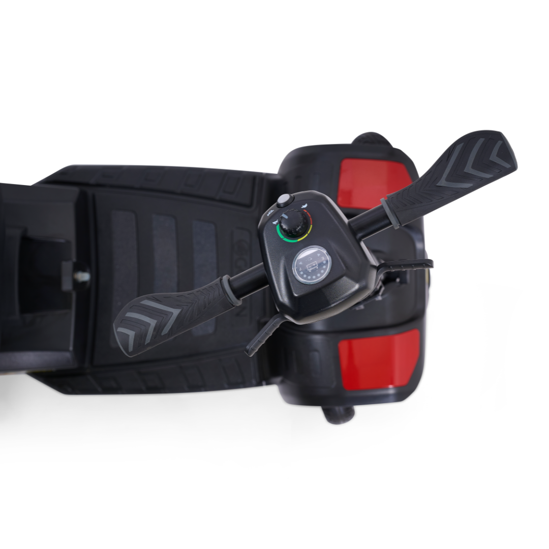 Top view of the Golden Tech GB108 Buzzaround LT 4-Wheel Mobility Scooter control panel with two black handles, speed dial, red rear section, lightweight stadium-style seat, and 300 lb. weight capacity on a white background.