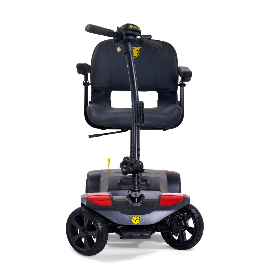 The Golden Tech GB108 Buzzaround LT is a compact, black 4-wheel mobility scooter with a lightweight stadium-style seat, padded armrests, handlebars, and supports up to 300 lbs; front view shown against a white background.