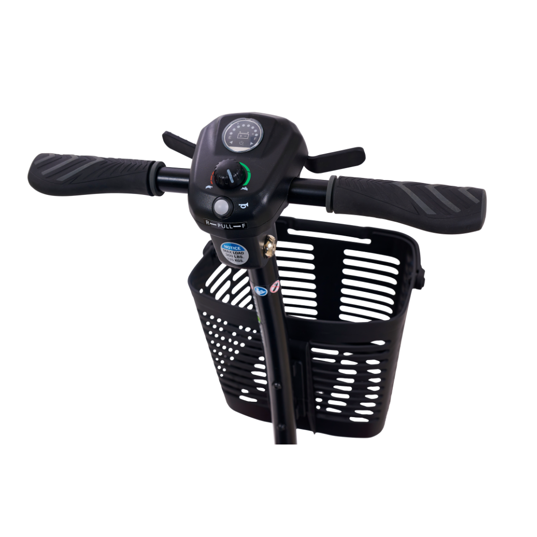 Close-up of the Golden Tech GB108 Buzzaround LT 4-Wheel Mobility Scooters handlebar, with rubber grips, display screen, controls, black front basket, and a lightweight stadium-style seat supporting up to 300 lbs.