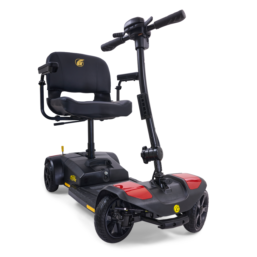 The Golden Tech GB108 Buzzaround LT 4-Wheel Mobility Scooter features a compact black and red design, lightweight stadium-style seat with padded armrests, handlebars, control panel, and supports up to 300 lbs for enhanced personal mobility.