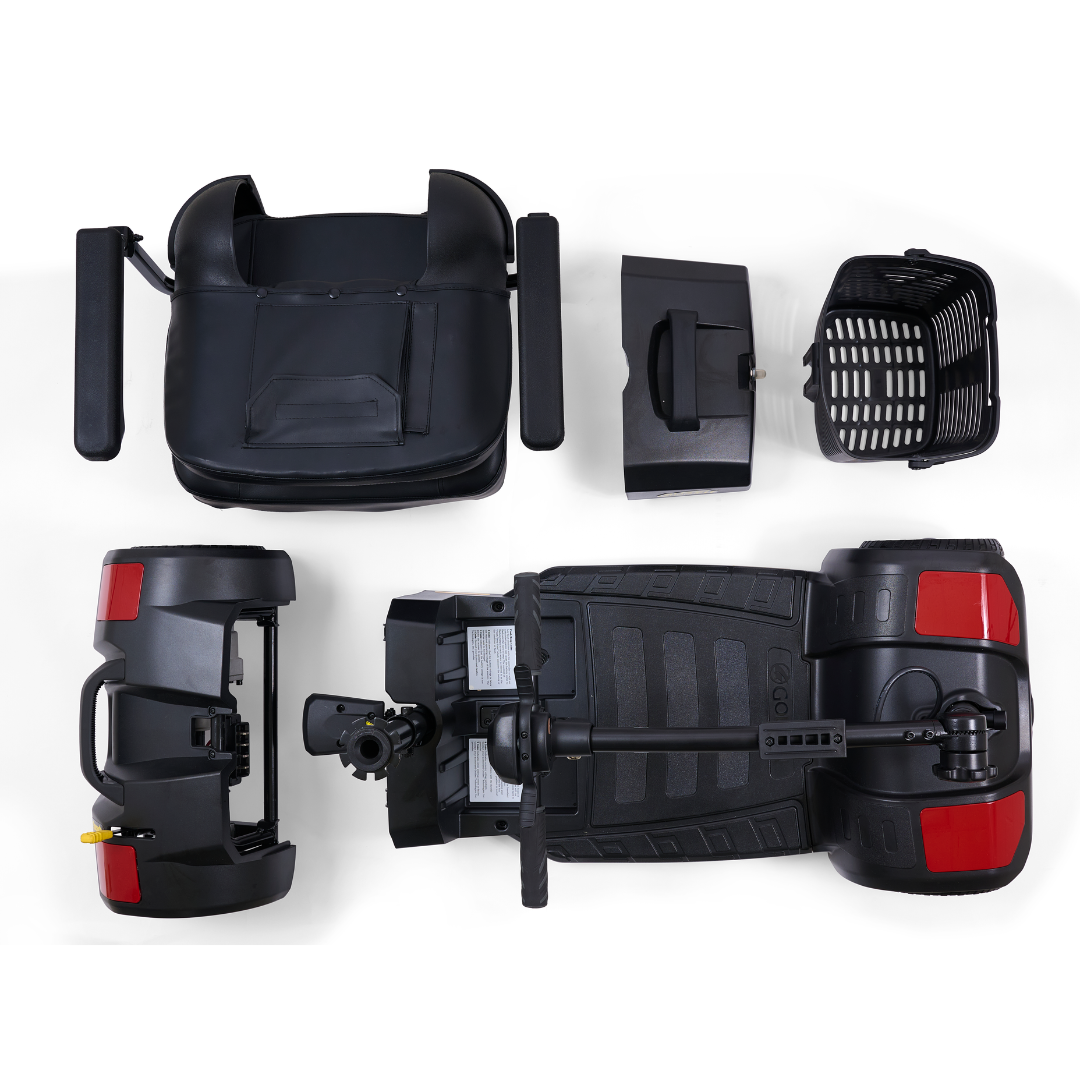Top-down view of the Golden Tech GB108 Buzzaround LT 4-Wheel Mobility Scooter disassembled, showing the lightweight stadium-style seat, battery pack, basket, front and rear sections on a white background. Supports up to 300 lbs.