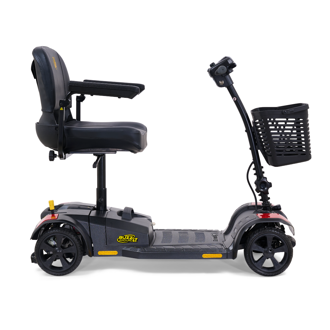 The Golden Tech GB108 Buzzaround LT 4-Wheel Mobility Scooter features a lightweight stadium-style seat with armrests, a handlebar, and a front basket, shown from the side against a white background.