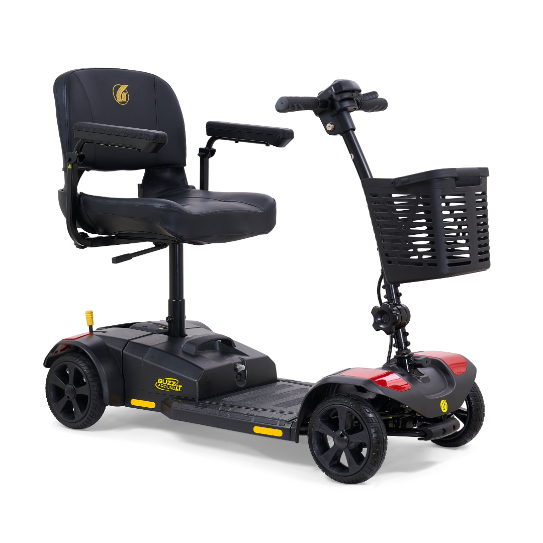 The Golden Tech GB108 Buzzaround LT is a black and red 4-wheel mobility scooter with a 300 lb weight capacity, lightweight stadium-style seat with armrests, front basket, and handlebars. The scooter is shown at an angle displaying its side and front.