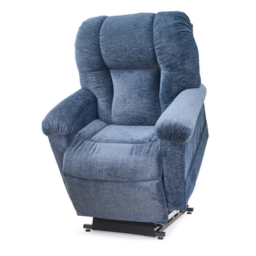 The Golden Tech PR527 Cloud Recliner With Lift Assist & Twilight is a blue upholstered chair with cushioned armrests and backrest, featuring a metal base for smooth power lift and recline functions to help users stand easily.