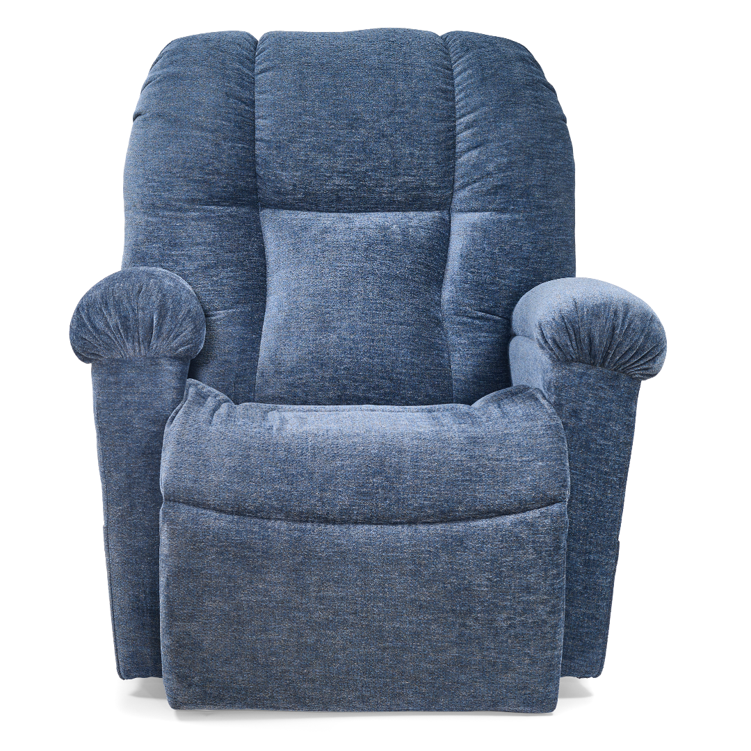 The Golden Tech PR527 Cloud Recliner With Lift Assist & Twilight - SM/MD is a blue upholstered chair with plush armrests and a cushioned backrest, shown from the front on a white background.