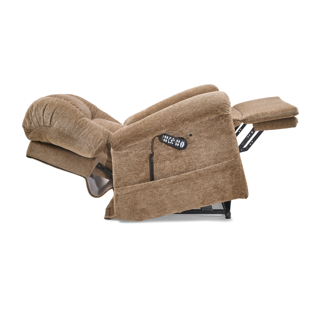 The Golden Tech PR527 Cloud Recliner With Lift Assist & Twilight - SM/MD, shown fully reclined with its brown upholstery, features a side-attached remote control and an extended footrest for ultimate comfort.