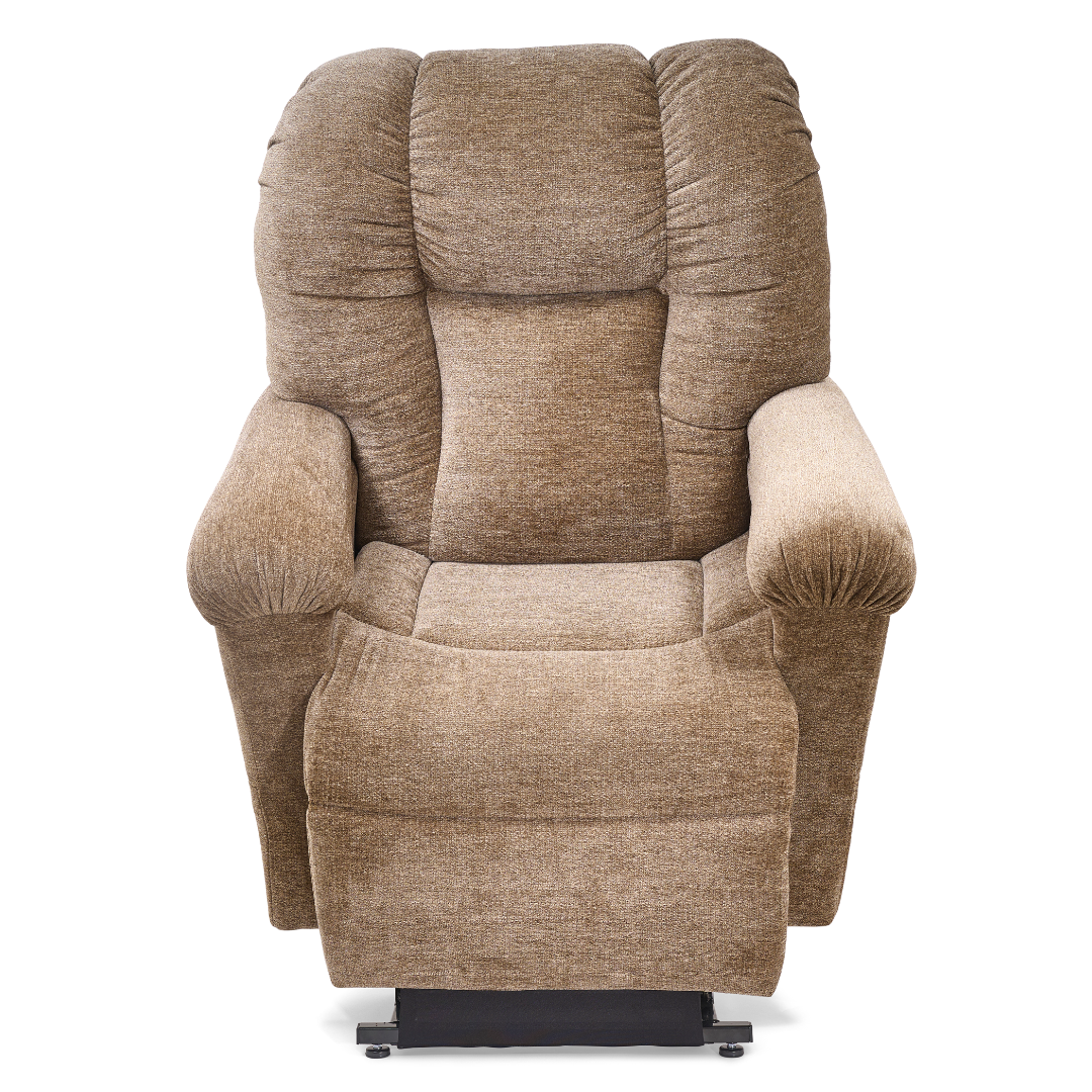 Golden Tech PR527 Cloud Recliner With Lift Assist & Twilight - SM/MD, brown plush armchair with cushioned backrest, armrests, and seat, shown front-facing on a white background; soft and comfortable for relaxation.