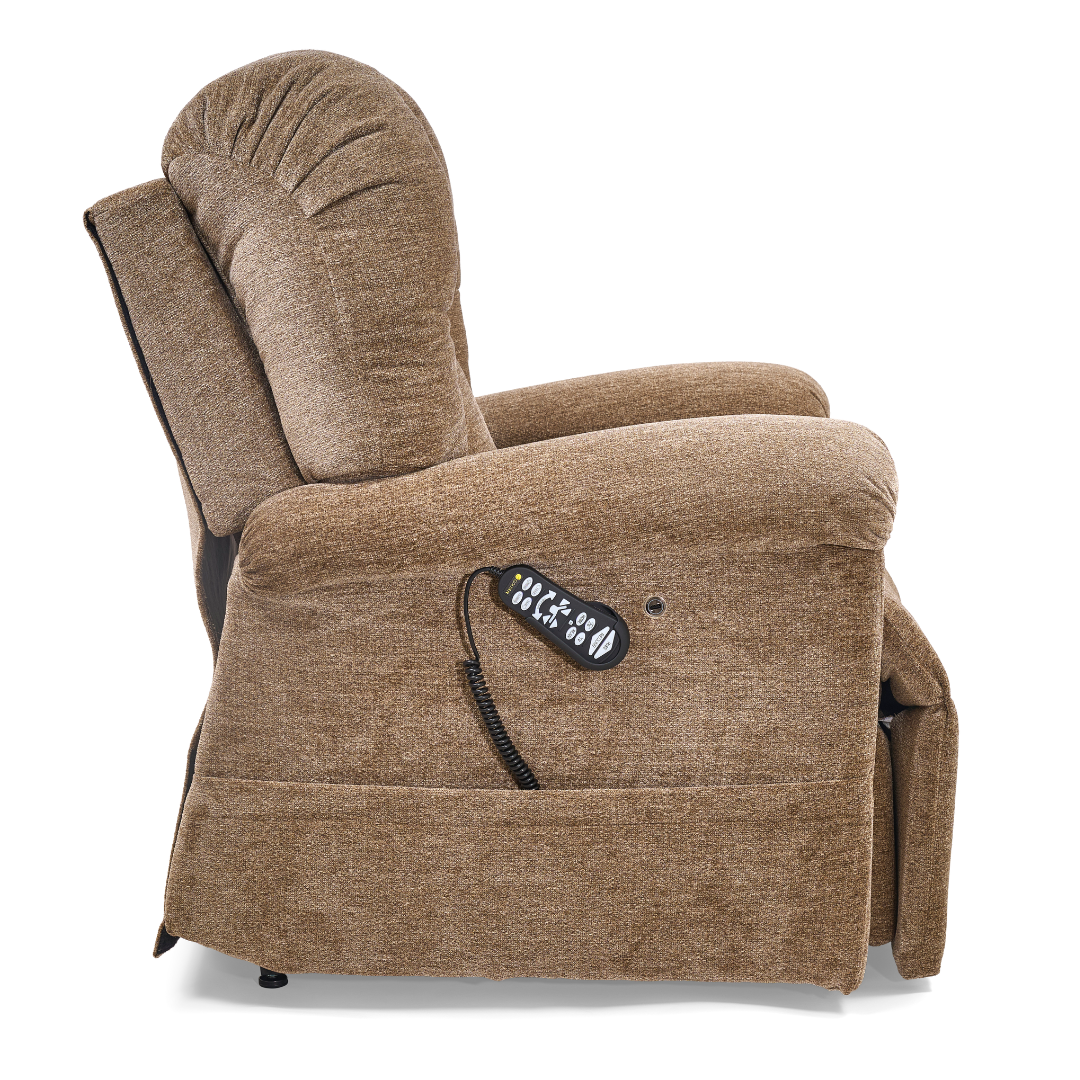 Side view of the Golden Tech PR527 Cloud Recliner With Lift Assist & Twilight - SM/MD in brown upholstery, featuring memory foam and a remote control on the side for convenient seat adjustments.