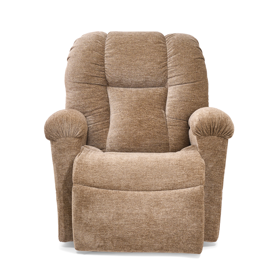 The Golden Tech PR527 Cloud Recliner With Lift Assist & Twilight (SM/MD) features plush brown upholstery, memory foam cushioning, padded armrests, and a cushioned backrest. Shown from the front on a white background.