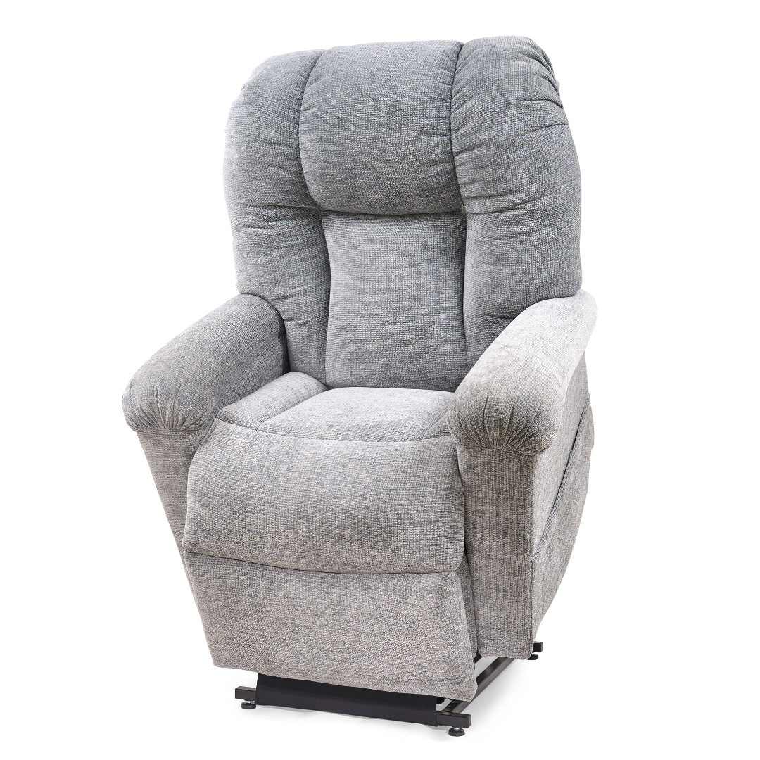 The Golden Tech PR527 Cloud Recliner With Lift Assist & Twilight - SM/MD is a plush, gray upholstered power recliner with padded armrests, high back, and a memory foam bucket seat for comfort, shown against a white background.