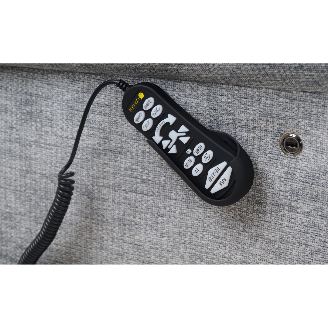 A black wired remote with labeled white buttons is attached to the side of the Golden Tech PR527 Cloud Recliner With Lift Assist & Twilight - SM/MD, likely for adjusting positions or activating Zero Gravity.