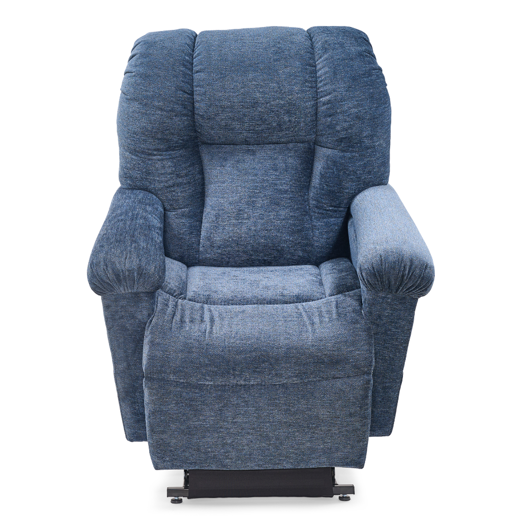 The Golden Tech PR527 Cloud Recliner With Lift Assist & Twilight - SM/MD is a plush blue memory foam chair with padded armrests and a cushioned backrest, shown from the front on a white background.