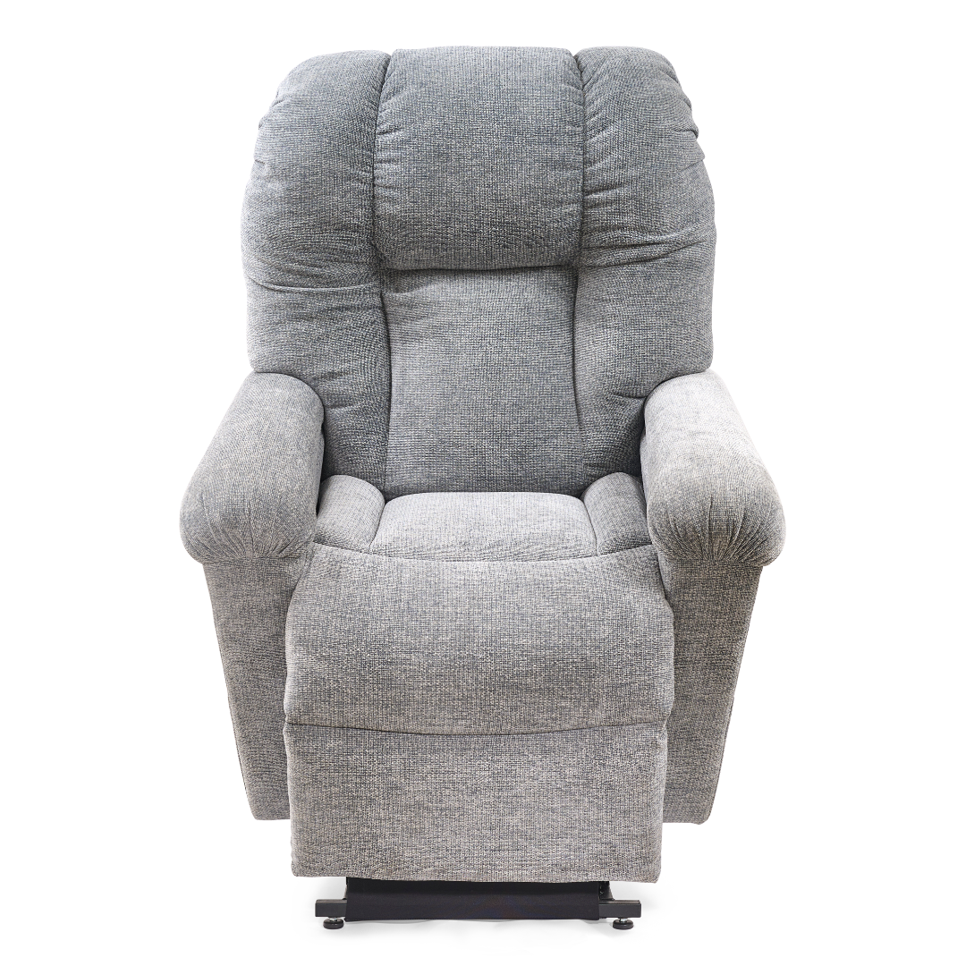 The Golden Tech PR527 Cloud Recliner With Lift Assist & Twilight - SM/MD is a plush, light gray memory foam chair with cushioned armrests and a high backrest, shown from the front against a white background.