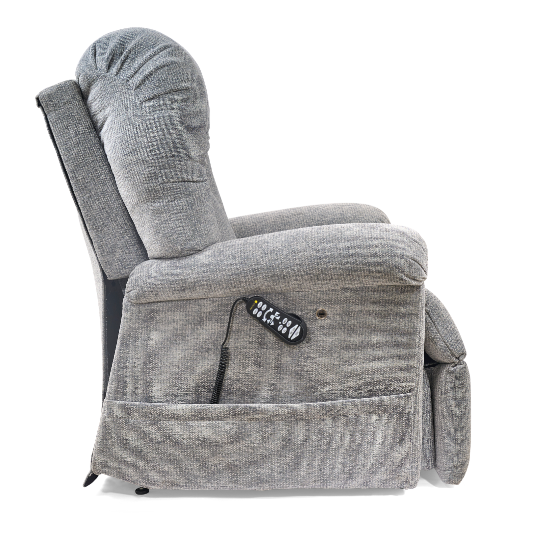 The Golden Tech PR527 Cloud Recliner With Lift Assist & Twilight - SM/MD is a gray upholstered power lift chair with a side-attached remote, shown in profile against a white background.