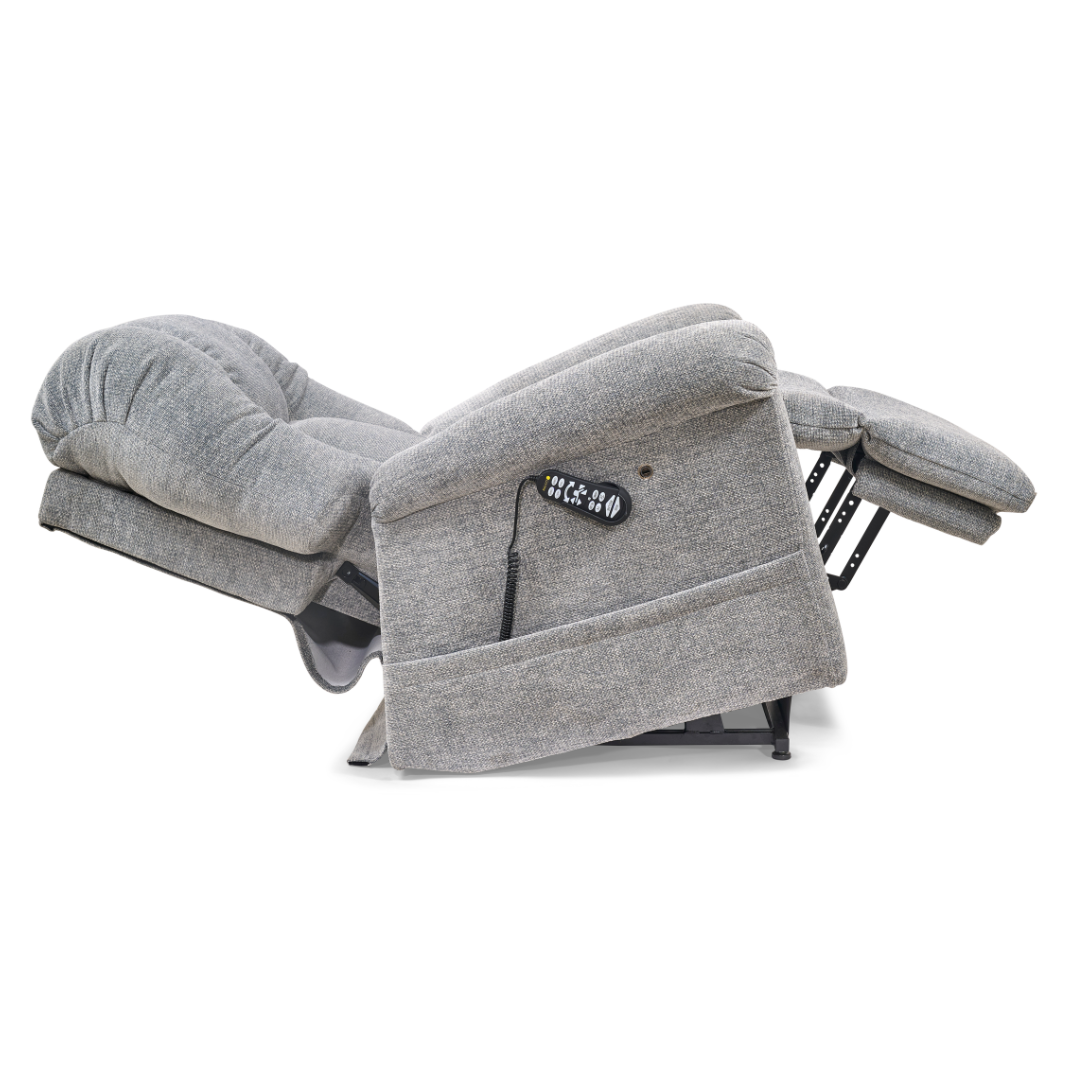 The Golden Tech PR527 Cloud Recliner With Lift Assist & Twilight - SM/MD is a light gray power lift chair with memory foam seat, attached remote, and fully extended footrest and backrest for maximum comfort in the reclined position.