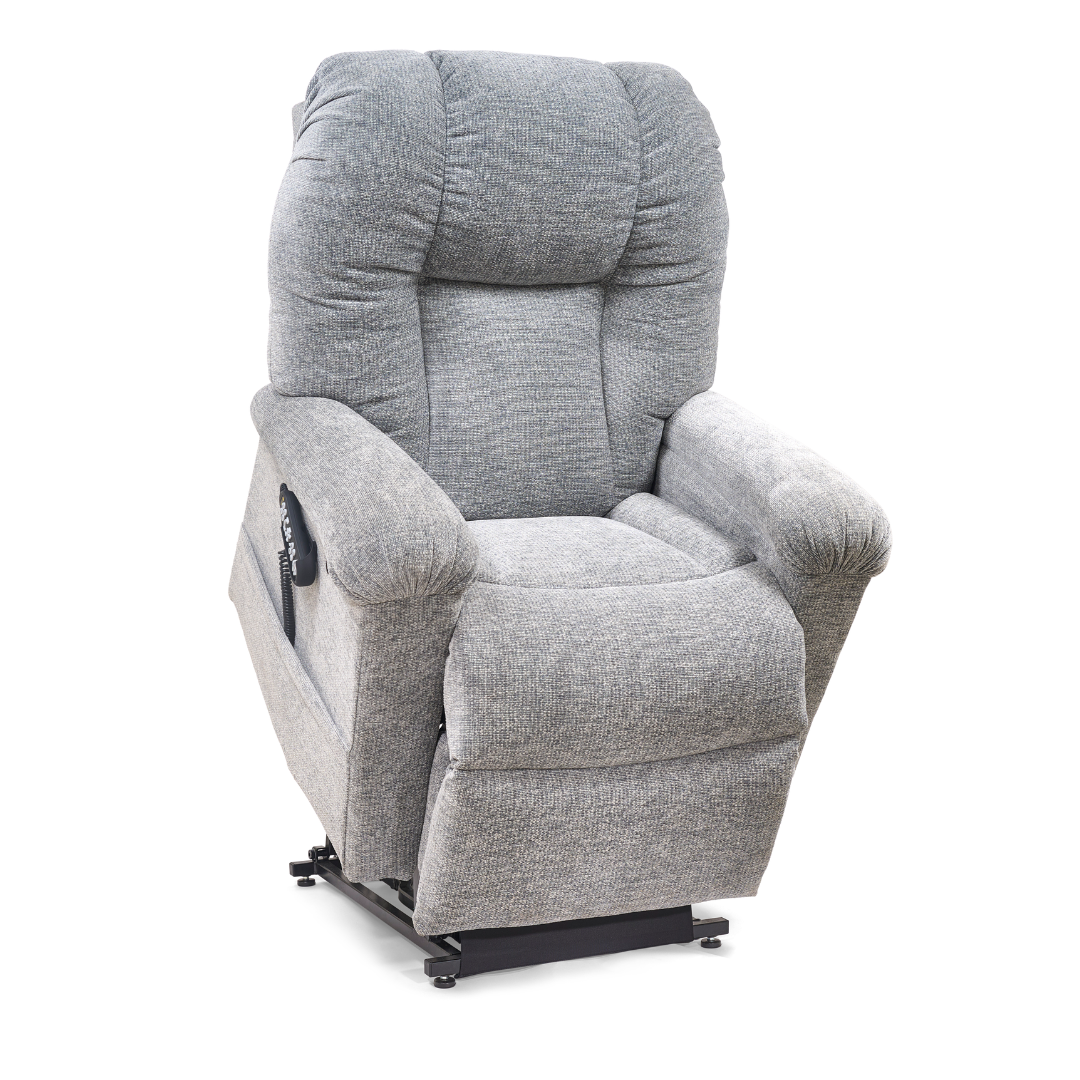 The Golden Tech PR527 Cloud Recliner With Lift Assist & Twilight - SM/MD is a plush, light gray power lift chair featuring soft upholstery, a memory foam seat for comfort, and a side remote control to help you stand with ease.