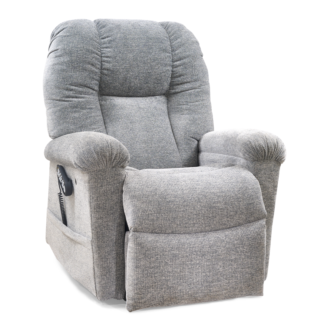 The Golden Tech PR527 Cloud Recliner With Lift Assist & Twilight - SM/MD is a gray power lift chair with padded armrests, memory foam seat, and left-side remote control in the pocket. Chair pictured partially reclined.