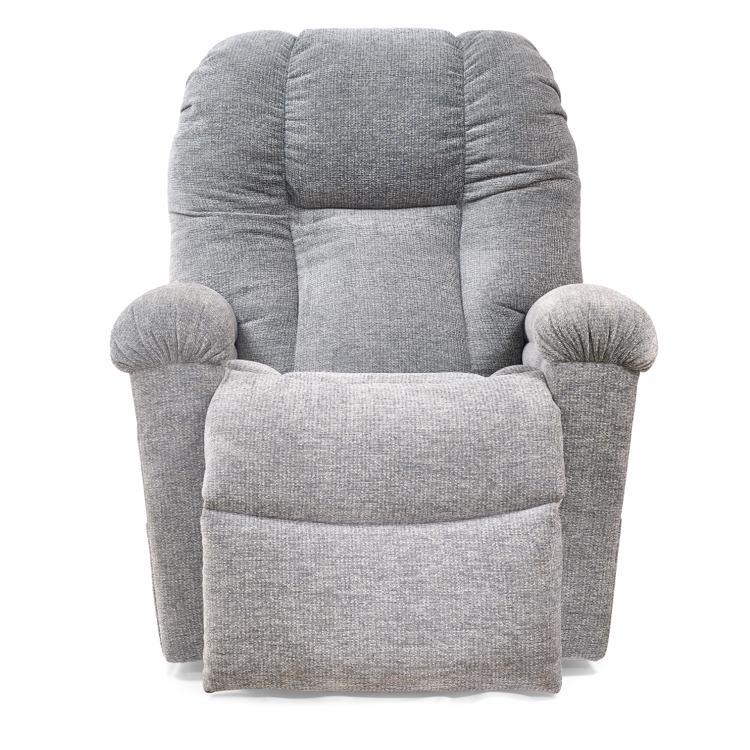 The Golden Tech PR527 Cloud Recliner With Lift Assist & Twilight - SM/MD is shown in plush gray fabric, facing forward on a white background. It features thick cushioned armrests, a high backrest, and an extended footrest for enhanced comfort.
