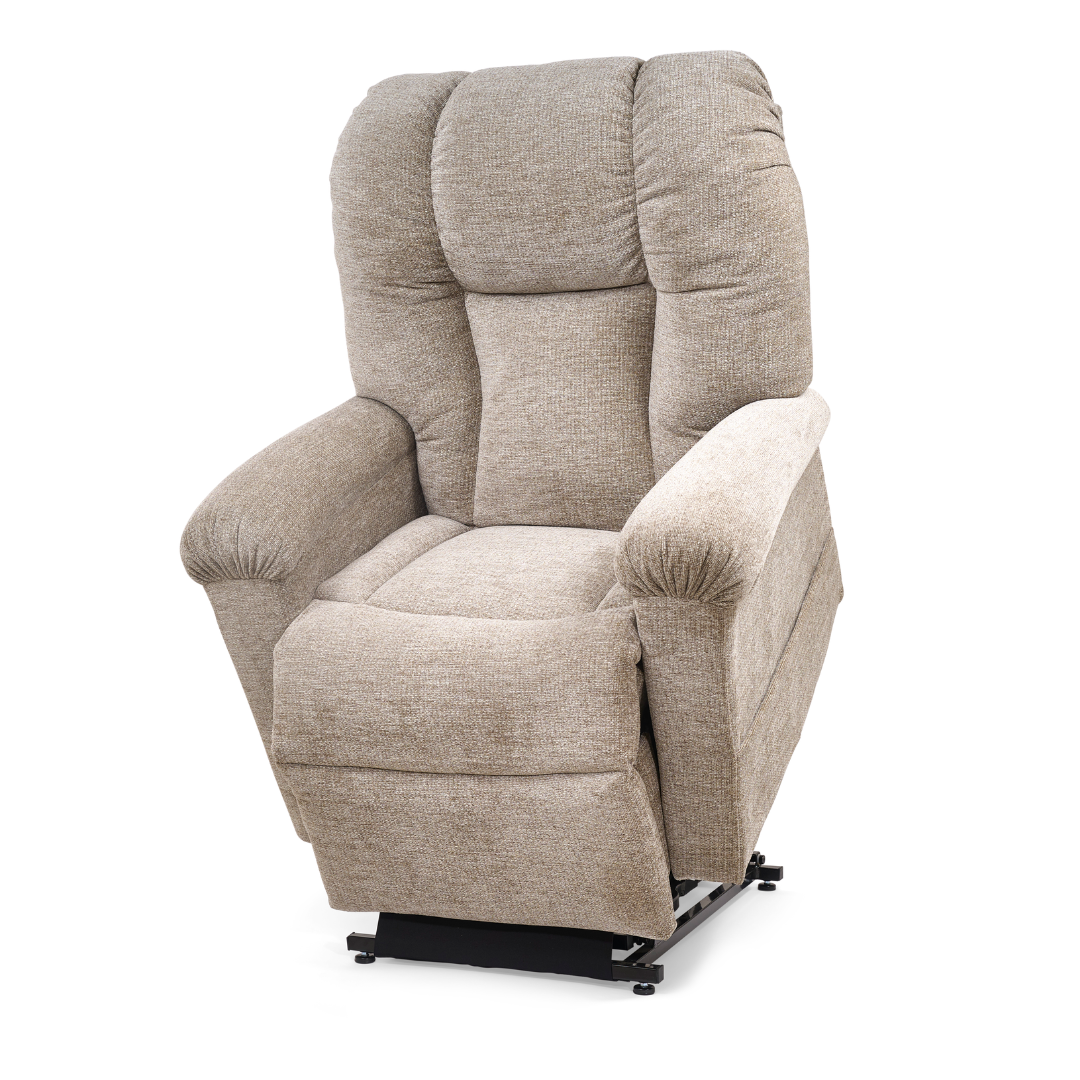 Golden Tech PR527 Cloud Recliner With Lift Assist & Twilight - SM/MD: Beige upholstered power lift recliner with memory foam bucket seat, padded backrest and armrests, shown partially elevated on a black metal base.