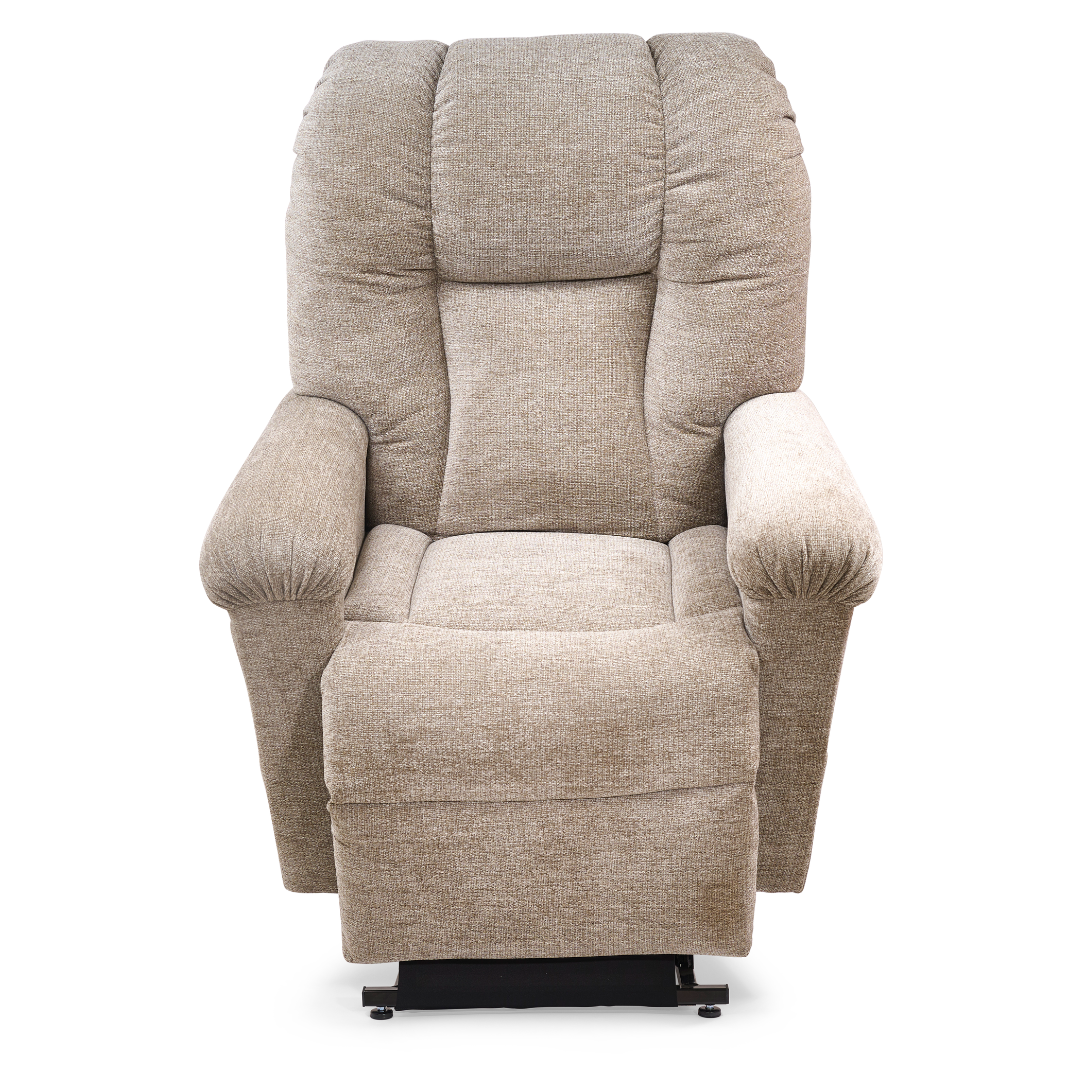 The Golden Tech PR527 Cloud Recliner With Lift Assist & Twilight - SM/MD is a beige upholstered power lift chair with plush cushions, a memory foam bucket seat, and padded armrests, shown from the front on a white background.
