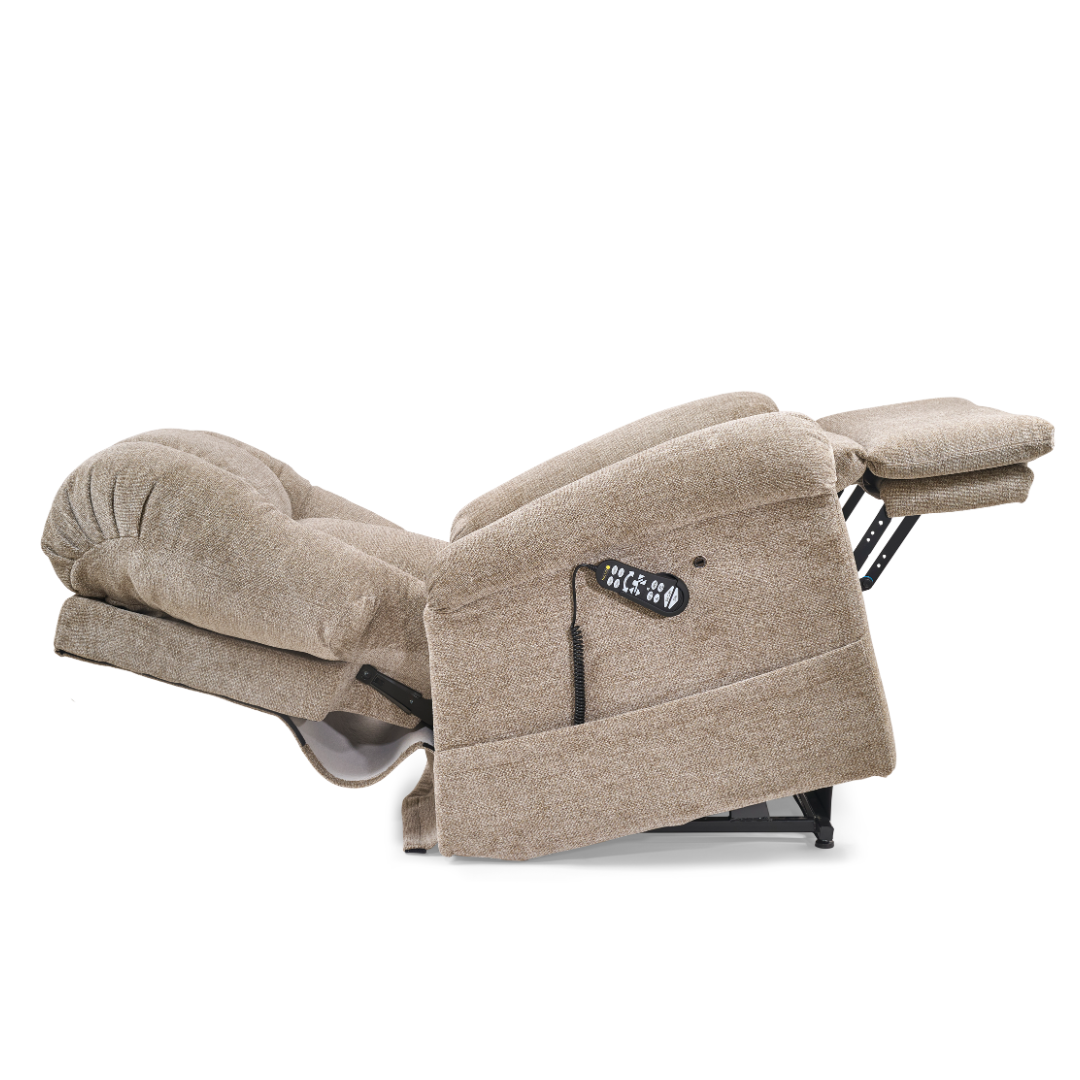 The Golden Tech PR527 Cloud Recliner With Lift Assist & Twilight - SM/MD is shown in beige upholstery, fully reclined with footrest extended, featuring a memory foam seat and an armrest-attached remote control.